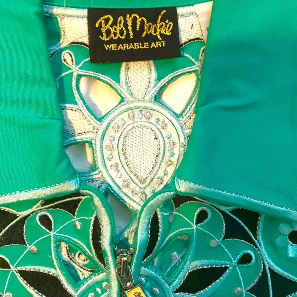 Bob Mackie Wearable Art Teal Green Laser Cut Embroidered Zip up Jacket - Picture 4 of 8
